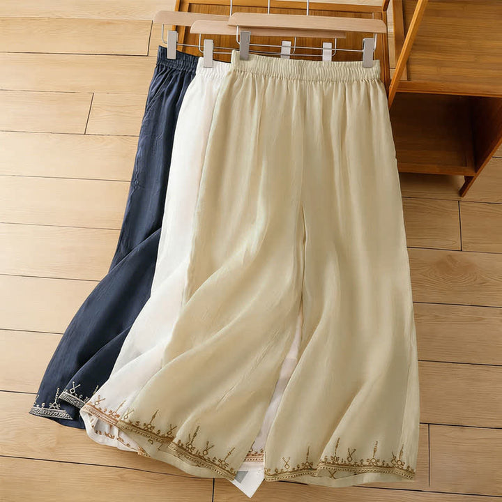 Buddha Stones Sommerliche Boho-Hose für Damen mit weitem Bein, Stickerei, Taschen und weitem Bein - image 25