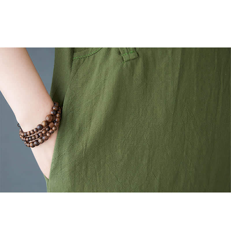 Buddha Stones Minimalistisches Sommerkleid aus Leinen für Damen mit Stehkragen, Knotenknopfleiste, kurzen Ärmeln und Taschen - image 8