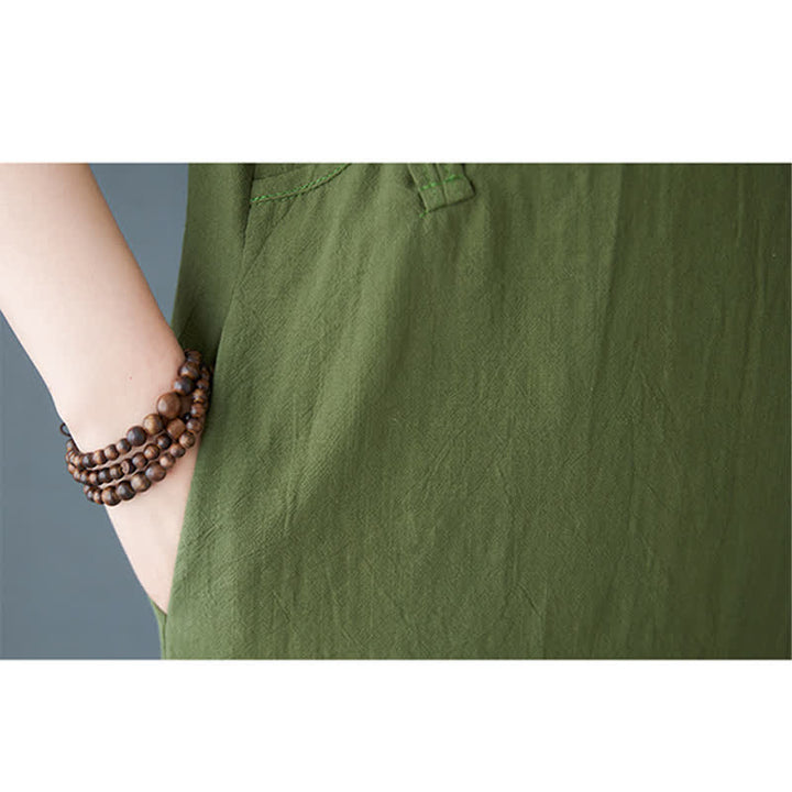 Buddha Stones Minimalistisches Sommerkleid aus Leinen für Damen mit Stehkragen, Knotenknopfleiste, kurzen Ärmeln und Taschen - image 8