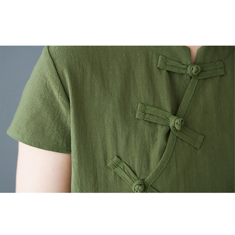Buddha Stones Minimalistisches Sommerkleid aus Leinen für Damen mit Stehkragen, Knotenknopfleiste, kurzen Ärmeln und Taschen - image 6