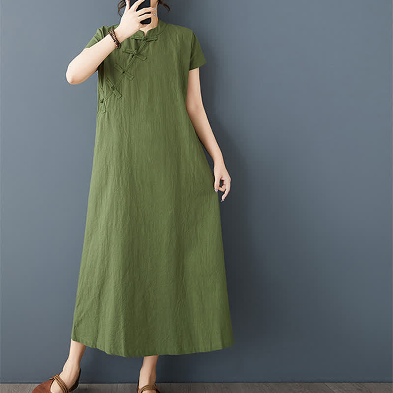 Buddha Stones Minimalistisches Sommerkleid aus Leinen für Damen mit Stehkragen, Knotenknopfleiste, kurzen Ärmeln und Taschen - Olivgrün - US 8-10, UK/AU 12-14, EU 40-42 (XL) - image 0