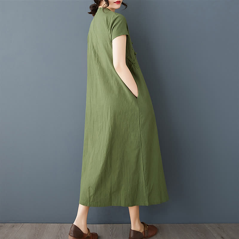Buddha Stones Minimalistisches Sommerkleid aus Leinen für Damen mit Stehkragen, Knotenknopfleiste, kurzen Ärmeln und Taschen - image 3