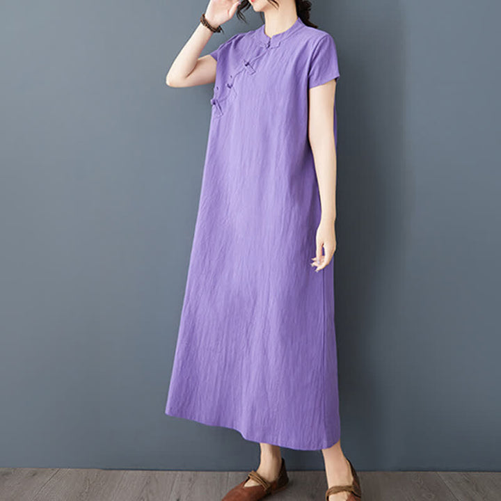 Buddha Stones Minimalistisches Sommerkleid aus Leinen für Damen mit Stehkragen, Knotenknopfleiste, kurzen Ärmeln und Taschen - image 13