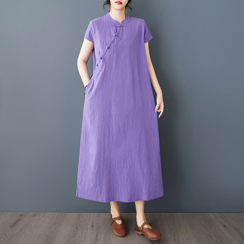 Buddha Stones Minimalistisches Sommerkleid aus Leinen für Damen mit Stehkragen, Knotenknopfleiste, kurzen Ärmeln und Taschen - image 14