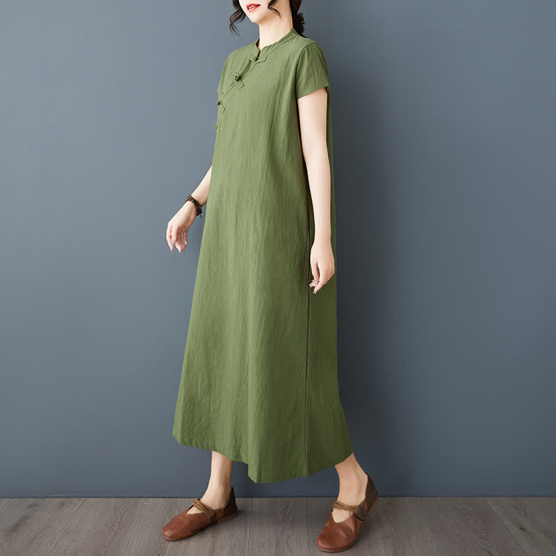 Buddha Stones Minimalistisches Sommerkleid aus Leinen für Damen mit Stehkragen, Knotenknopfleiste, kurzen Ärmeln und Taschen - image 4
