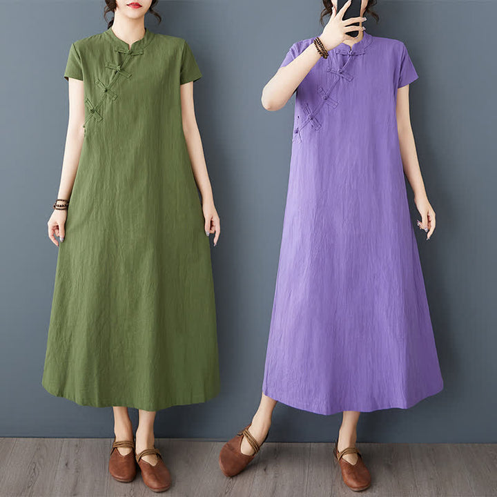 Buddha Stones Minimalistisches Sommerkleid aus Leinen für Damen mit Stehkragen, Knotenknopfleiste, kurzen Ärmeln und Taschen - image 15