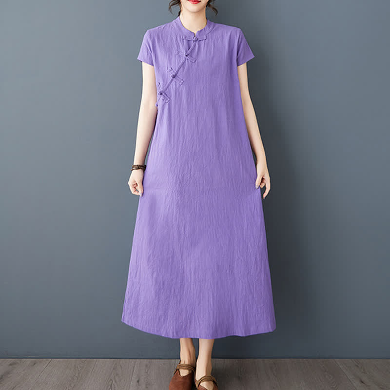 Buddha Stones Minimalistisches Sommerkleid aus Leinen für Damen mit Stehkragen, Knotenknopfleiste, kurzen Ärmeln und Taschen - image 11