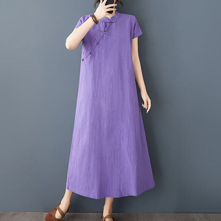 Buddha Stones Minimalistisches Sommerkleid aus Leinen für Damen mit Stehkragen, Knotenknopfleiste, kurzen Ärmeln und Taschen - Mittelviolett - US 8-10, UK/AU 12-14, EU 40-42 (XL) - image 10