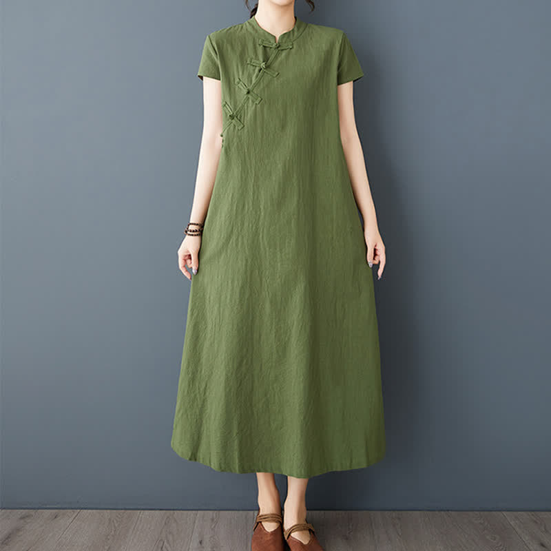 Buddha Stones Minimalistisches Sommerkleid aus Leinen für Damen mit Stehkragen, Knotenknopfleiste, kurzen Ärmeln und Taschen - image 2