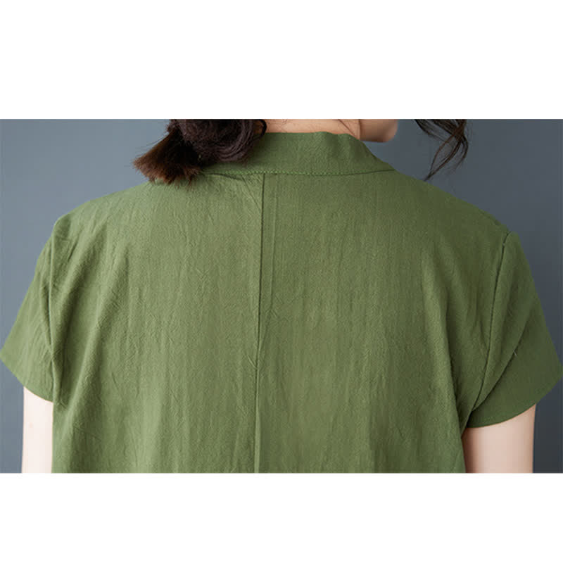Buddha Stones Minimalistisches Sommerkleid aus Leinen für Damen mit Stehkragen, Knotenknopfleiste, kurzen Ärmeln und Taschen - image 7