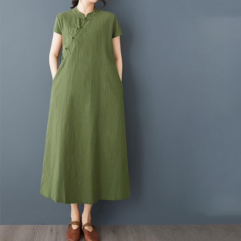 Buddha Stones Minimalistisches Sommerkleid aus Leinen für Damen mit Stehkragen, Knotenknopfleiste, kurzen Ärmeln und Taschen - image 1