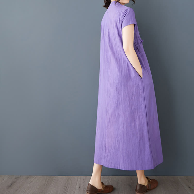 Buddha Stones Minimalistisches Sommerkleid aus Leinen für Damen mit Stehkragen, Knotenknopfleiste, kurzen Ärmeln und Taschen - image 12