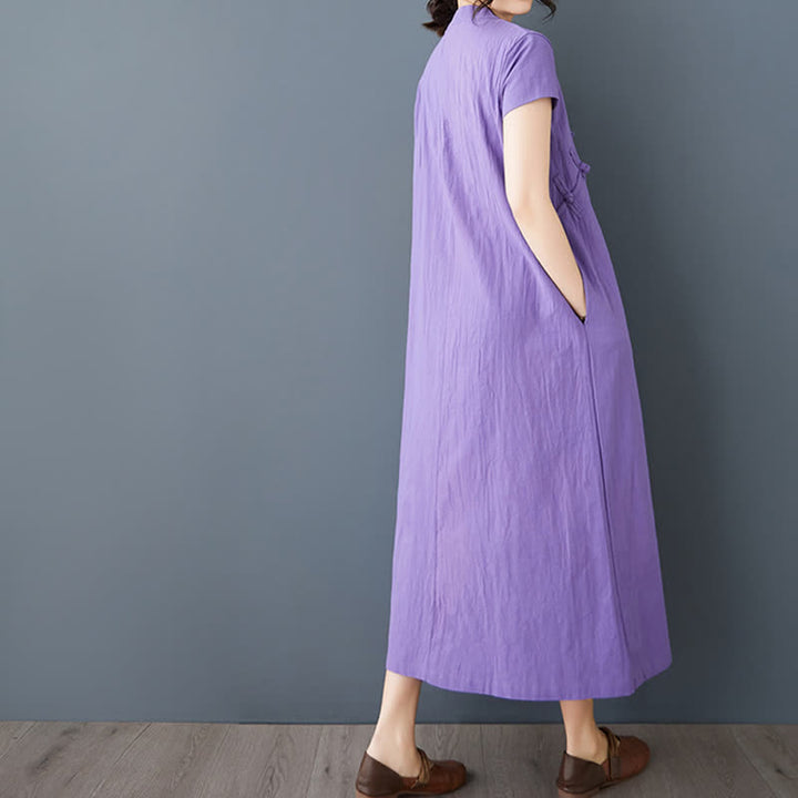 Buddha Stones Minimalistisches Sommerkleid aus Leinen für Damen mit Stehkragen, Knotenknopfleiste, kurzen Ärmeln und Taschen - image 12