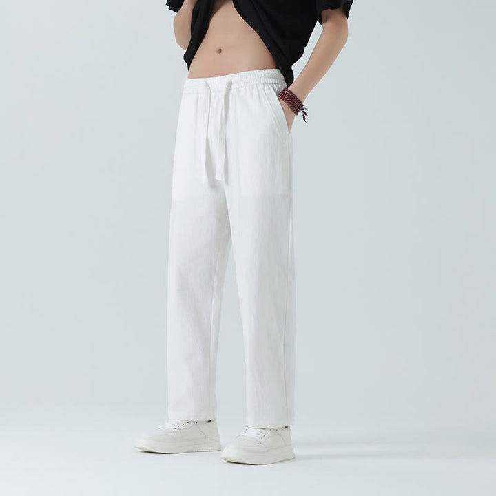 Buddha Stones Minimalistische, gerade geschnittene Herrenhose aus Baumwolle mit elastischem Bund und Taschen – perfekt für den Sommer - Weiß - US/ UK/AU46, EU56 (5XL) - image 14