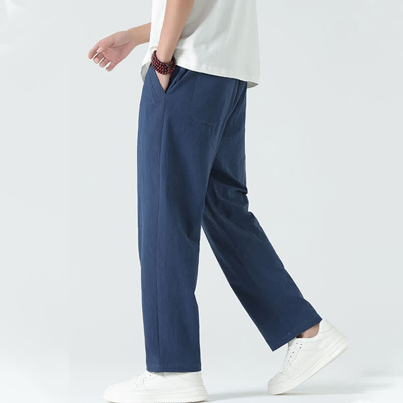 Buddha Stones Minimalistische, gerade geschnittene Herrenhose aus Baumwolle mit elastischem Bund und Taschen – perfekt für den Sommer - image 2