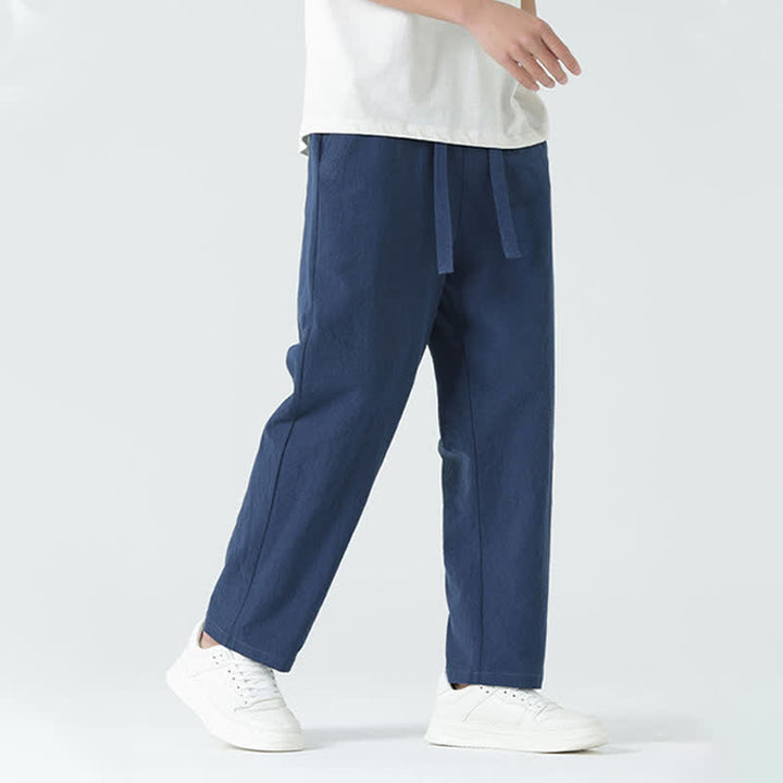 Buddha Stones Minimalistische, gerade geschnittene Herrenhose aus Baumwolle mit elastischem Bund und Taschen – perfekt für den Sommer - image 4
