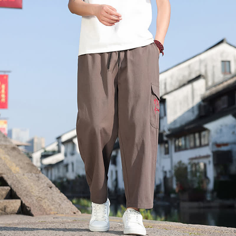 Buddha Stones Lässige Herren-Haremshose mit Kordelzug, Stickerei und Taschen für den Sommer - Dunkelkhaki - US/ UK/AU46, EU56 (5XL) - image 13