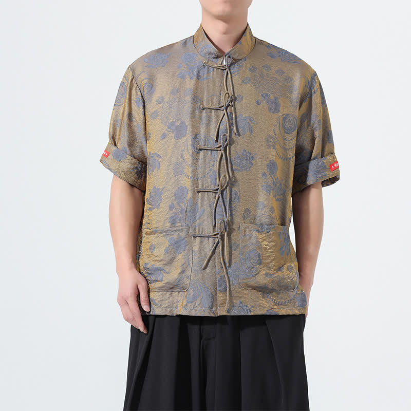 Buddha Stones Sommerliches Tang-Style Herren-Kurzarmhemd mit Stehkragen, floralem Jacquardmuster und Taschen - Grau - US/ UK/AU46, EU56 (5XL) - image 0