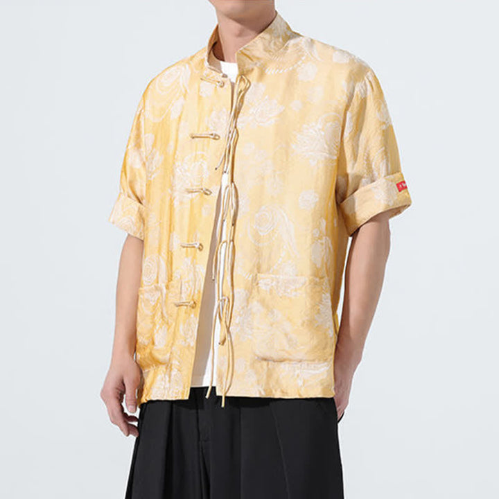 Buddha Stones Sommerliches Tang-Style Herren-Kurzarmhemd mit Stehkragen, floralem Jacquardmuster und Taschen - image 20