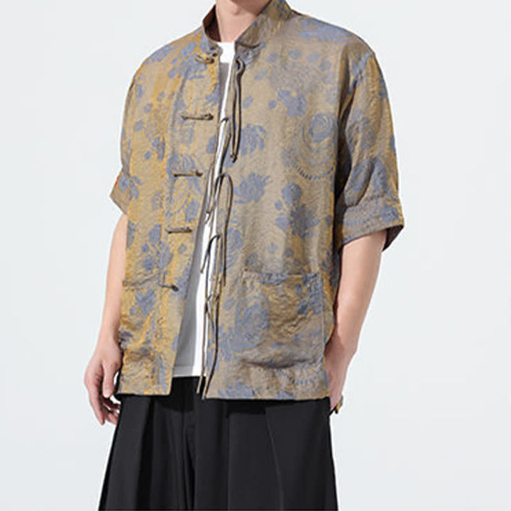 Buddha Stones Sommerliches Tang-Style Herren-Kurzarmhemd mit Stehkragen, floralem Jacquardmuster und Taschen - image 7