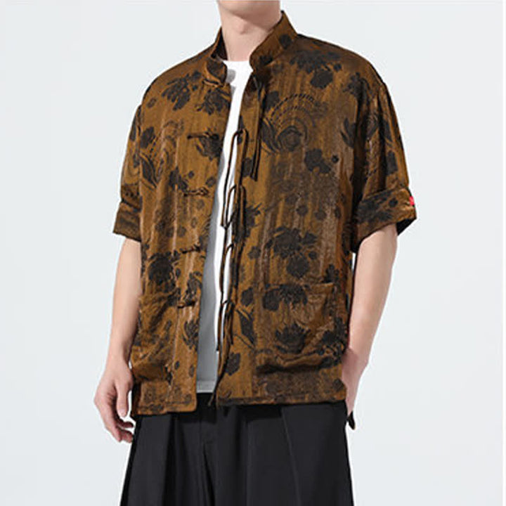 Buddha Stones Sommerliches Tang-Style Herren-Kurzarmhemd mit Stehkragen, floralem Jacquardmuster und Taschen - image 26