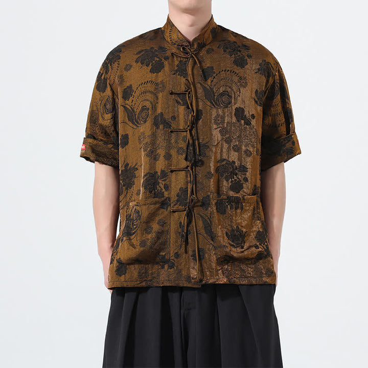 Buddha Stones Sommerliches Tang-Style Herren-Kurzarmhemd mit Stehkragen, floralem Jacquardmuster und Taschen - Peru - US/ UK/AU46, EU56 (5XL) - image 22
