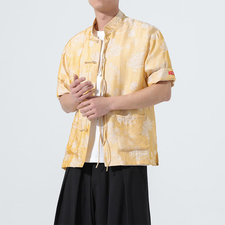 Buddha Stones Sommerliches Tang-Style Herren-Kurzarmhemd mit Stehkragen, floralem Jacquardmuster und Taschen - image 19