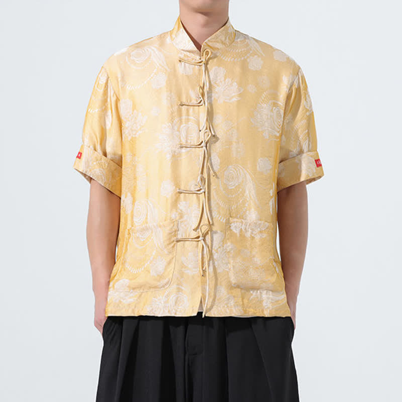 Buddha Stones Sommerliches Tang-Style Herren-Kurzarmhemd mit Stehkragen, floralem Jacquardmuster und Taschen - Dunkelkhaki - US/ UK/AU46, EU56 (5XL) - image 13