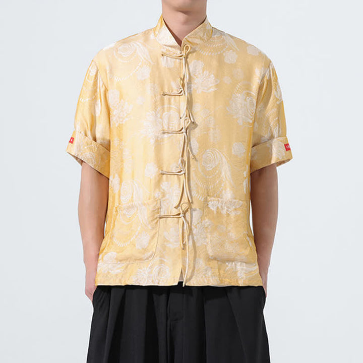 Buddha Stones Sommerliches Tang-Style Herren-Kurzarmhemd mit Stehkragen, floralem Jacquardmuster und Taschen - Dunkelkhaki - US/ UK/AU46, EU56 (5XL) - image 13