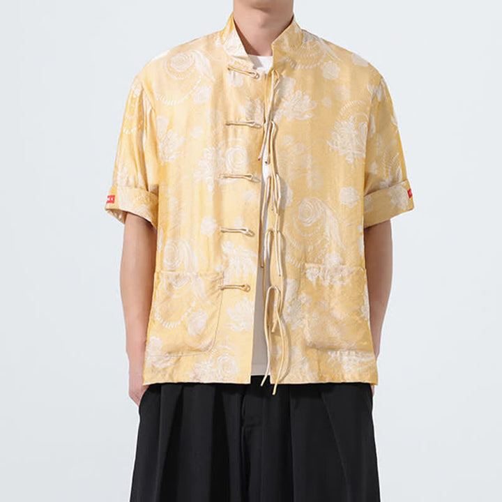 Buddha Stones Sommerliches Tang-Style Herren-Kurzarmhemd mit Stehkragen, floralem Jacquardmuster und Taschen - image 14