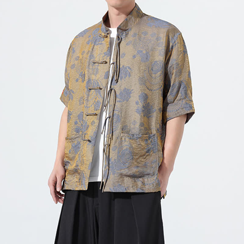 Buddha Stones Sommerliches Tang-Style Herren-Kurzarmhemd mit Stehkragen, floralem Jacquardmuster und Taschen - image 2