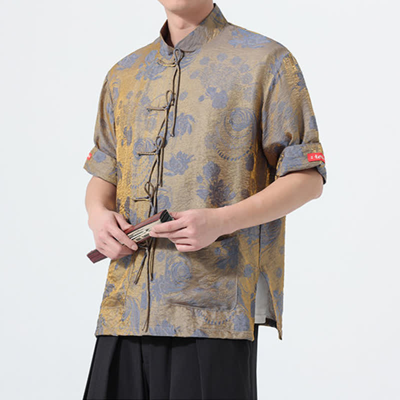 Buddha Stones Sommerliches Tang-Style Herren-Kurzarmhemd mit Stehkragen, floralem Jacquardmuster und Taschen - image 5