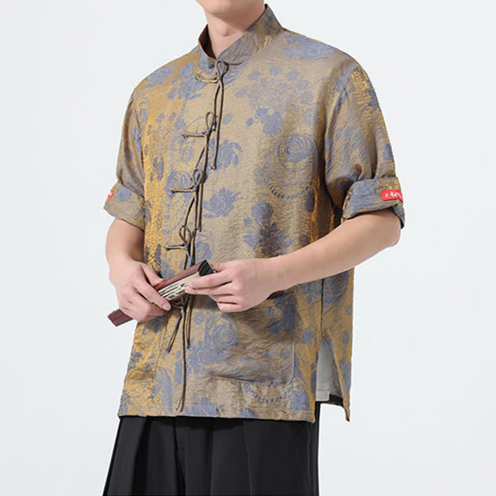 Buddha Stones Sommerliches Tang-Style Herren-Kurzarmhemd mit Stehkragen, floralem Jacquardmuster und Taschen - image 5