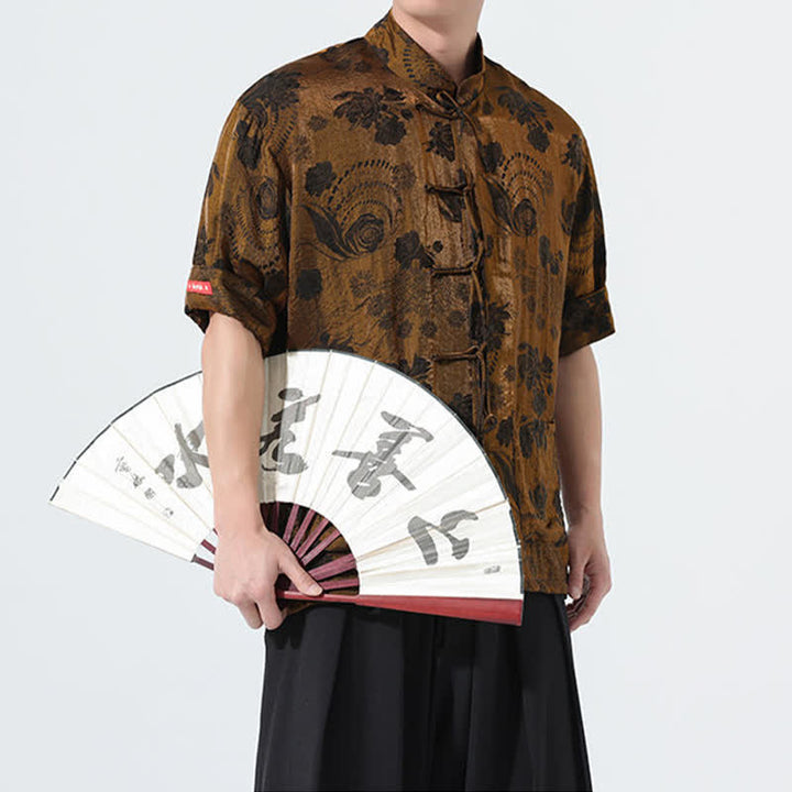 Buddha Stones Sommerliches Tang-Style Herren-Kurzarmhemd mit Stehkragen, floralem Jacquardmuster und Taschen - image 30