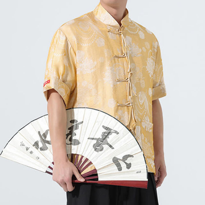 Buddha Stones Sommerliches Tang-Style Herren-Kurzarmhemd mit Stehkragen, floralem Jacquardmuster und Taschen - image 21