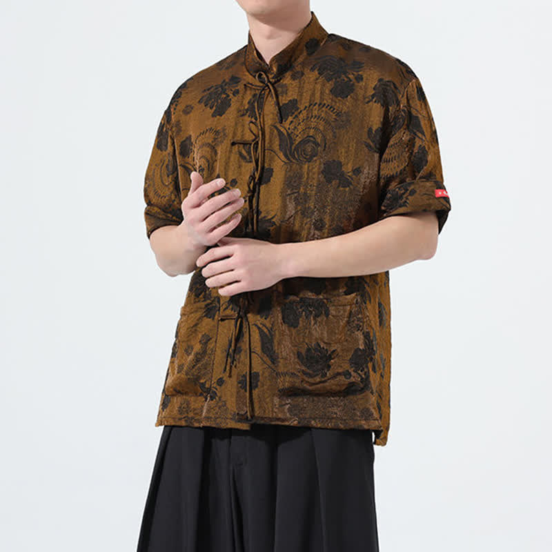 Buddha Stones Sommerliches Tang-Style Herren-Kurzarmhemd mit Stehkragen, floralem Jacquardmuster und Taschen - image 28