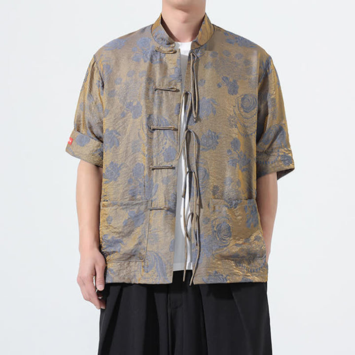 Buddha Stones Sommerliches Tang-Style Herren-Kurzarmhemd mit Stehkragen, floralem Jacquardmuster und Taschen - image 4
