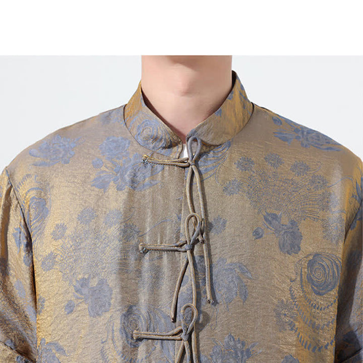 Buddha Stones Sommerliches Tang-Style Herren-Kurzarmhemd mit Stehkragen, floralem Jacquardmuster und Taschen - image 9