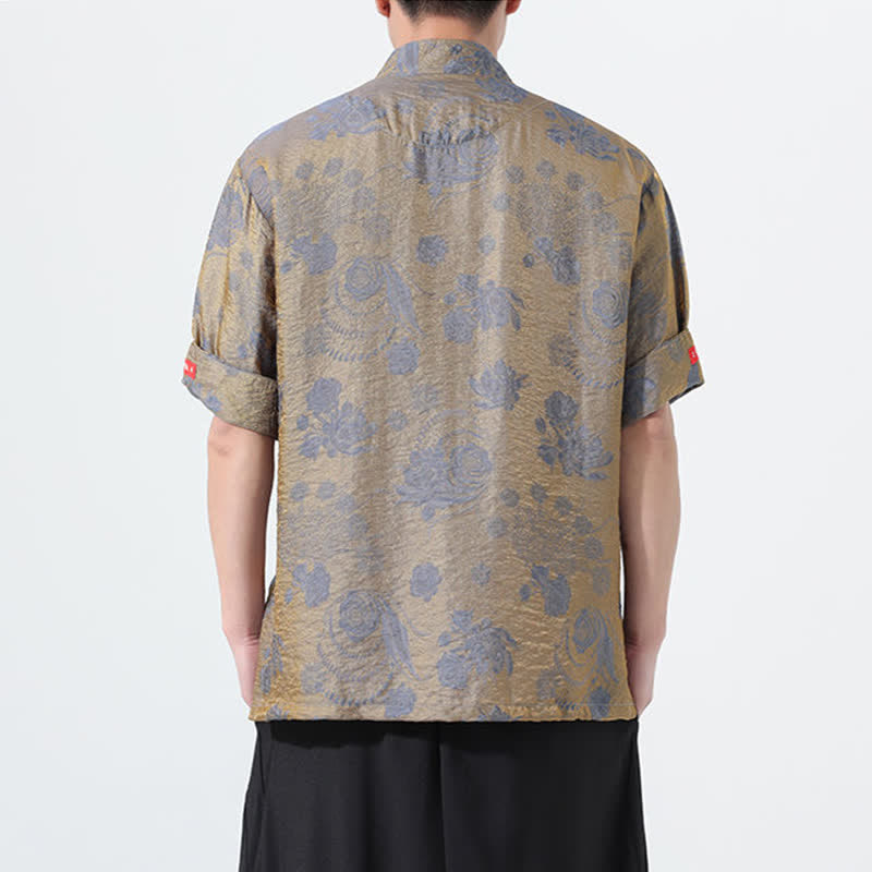 Buddha Stones Sommerliches Tang-Style Herren-Kurzarmhemd mit Stehkragen, floralem Jacquardmuster und Taschen - image 1