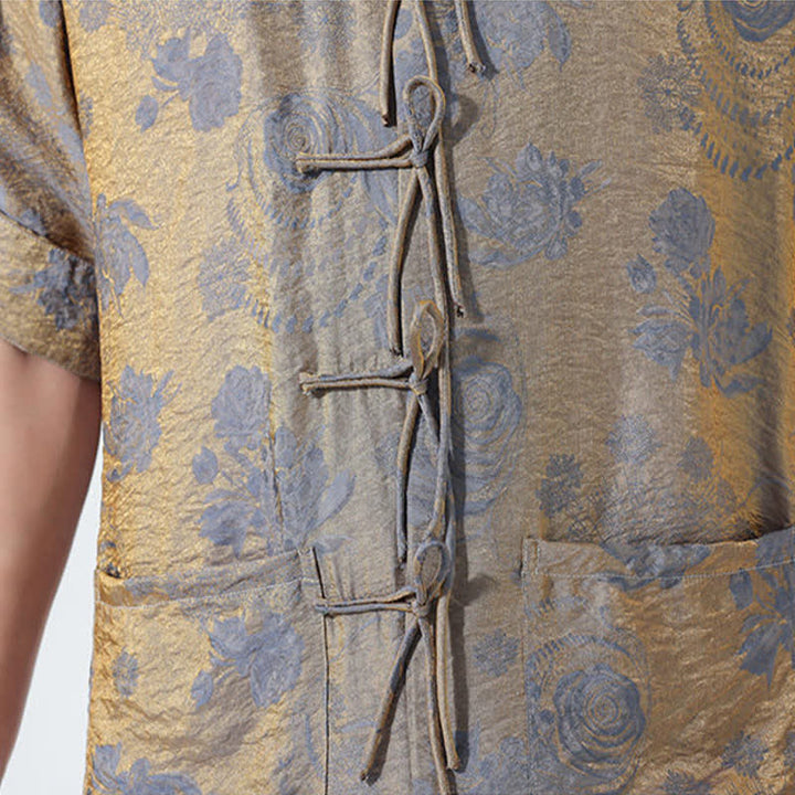 Buddha Stones Sommerliches Tang-Style Herren-Kurzarmhemd mit Stehkragen, floralem Jacquardmuster und Taschen - image 11
