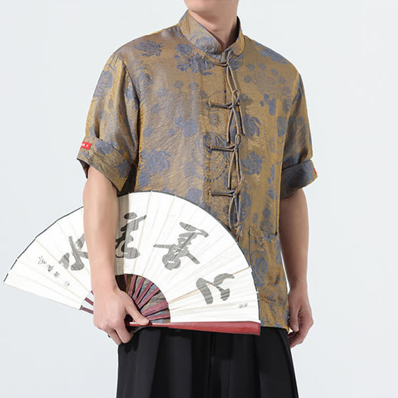Buddha Stones Sommerliches Tang-Style Herren-Kurzarmhemd mit Stehkragen, floralem Jacquardmuster und Taschen - image 8