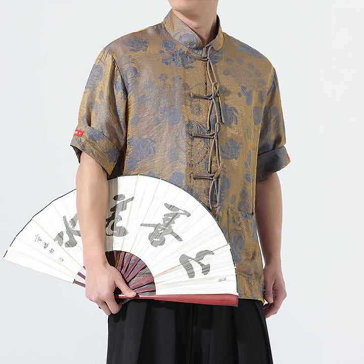 Buddha Stones Sommerliches Tang-Style Herren-Kurzarmhemd mit Stehkragen, floralem Jacquardmuster und Taschen - image 8