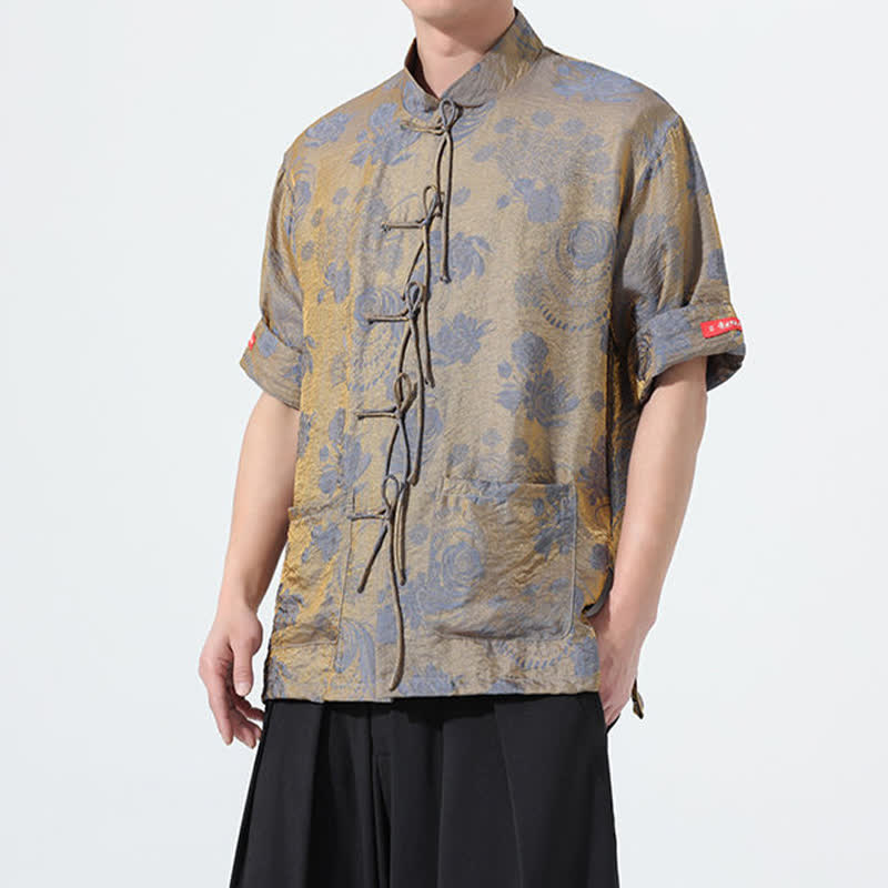 Buddha Stones Sommerliches Tang-Style Herren-Kurzarmhemd mit Stehkragen, floralem Jacquardmuster und Taschen - image 6
