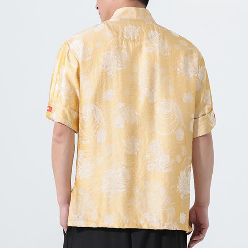 Buddha Stones Sommerliches Tang-Style Herren-Kurzarmhemd mit Stehkragen, floralem Jacquardmuster und Taschen - image 16