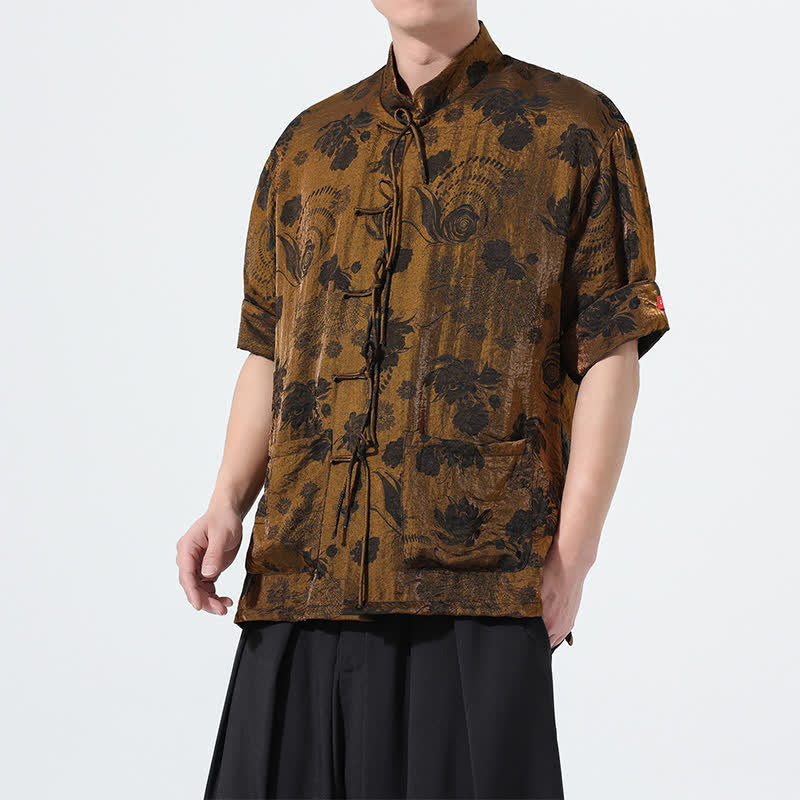Buddha Stones Sommerliches Tang-Style Herren-Kurzarmhemd mit Stehkragen, floralem Jacquardmuster und Taschen - image 27
