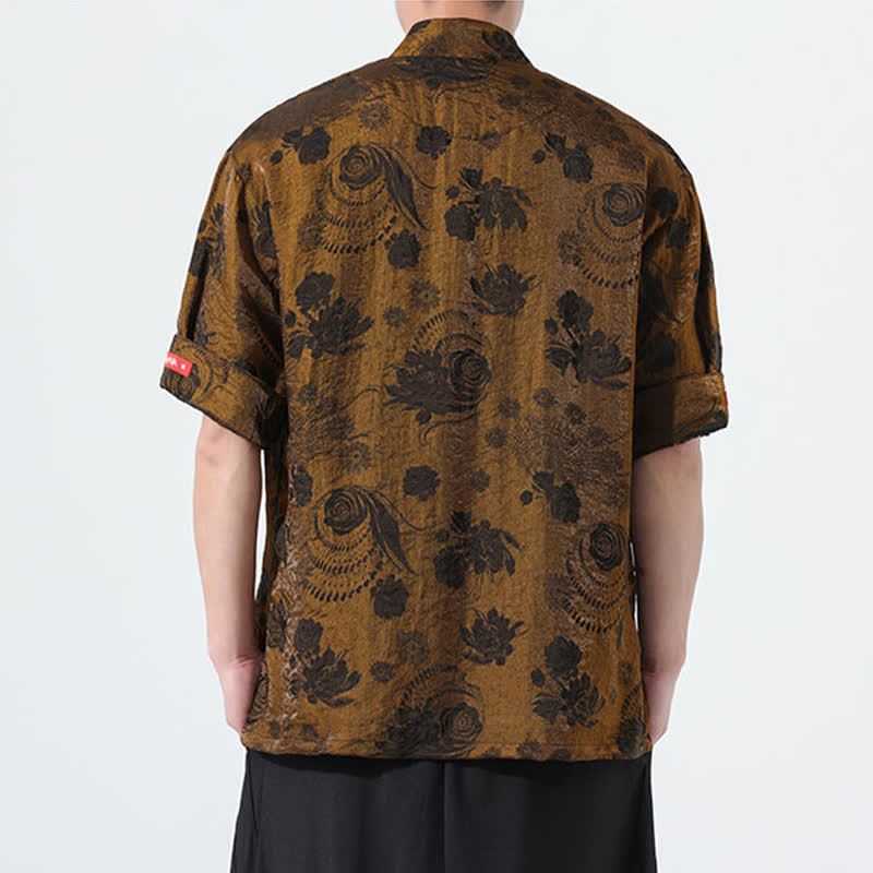 Buddha Stones Sommerliches Tang-Style Herren-Kurzarmhemd mit Stehkragen, floralem Jacquardmuster und Taschen - image 23