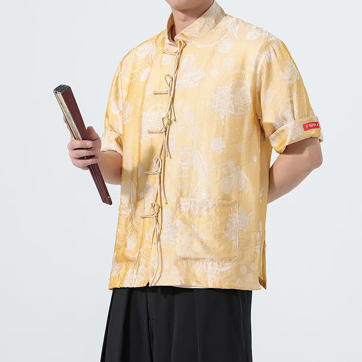 Buddha Stones Sommerliches Tang-Style Herren-Kurzarmhemd mit Stehkragen, floralem Jacquardmuster und Taschen - image 18