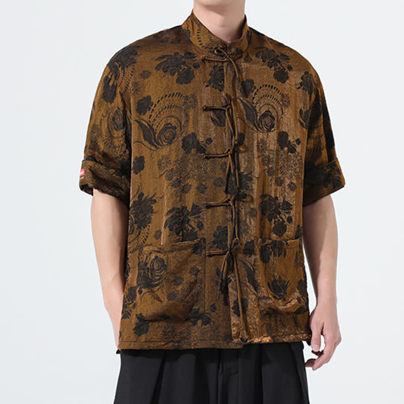 Buddha Stones Sommerliches Tang-Style Herren-Kurzarmhemd mit Stehkragen, floralem Jacquardmuster und Taschen - image 25