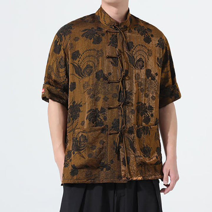 Buddha Stones Sommerliches Tang-Style Herren-Kurzarmhemd mit Stehkragen, floralem Jacquardmuster und Taschen - image 25