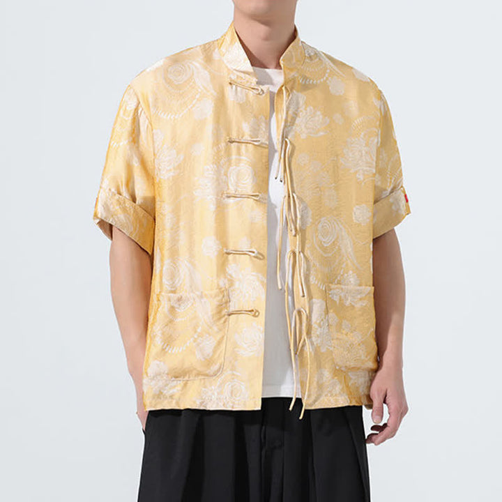 Buddha Stones Sommerliches Tang-Style Herren-Kurzarmhemd mit Stehkragen, floralem Jacquardmuster und Taschen - image 15